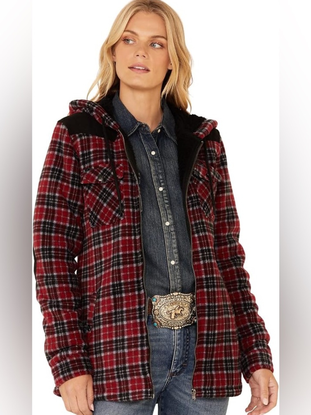 Powder River Outfitters Sherpa Teddy Plaid Berber Fleece Zip-Front Hooded Jacket